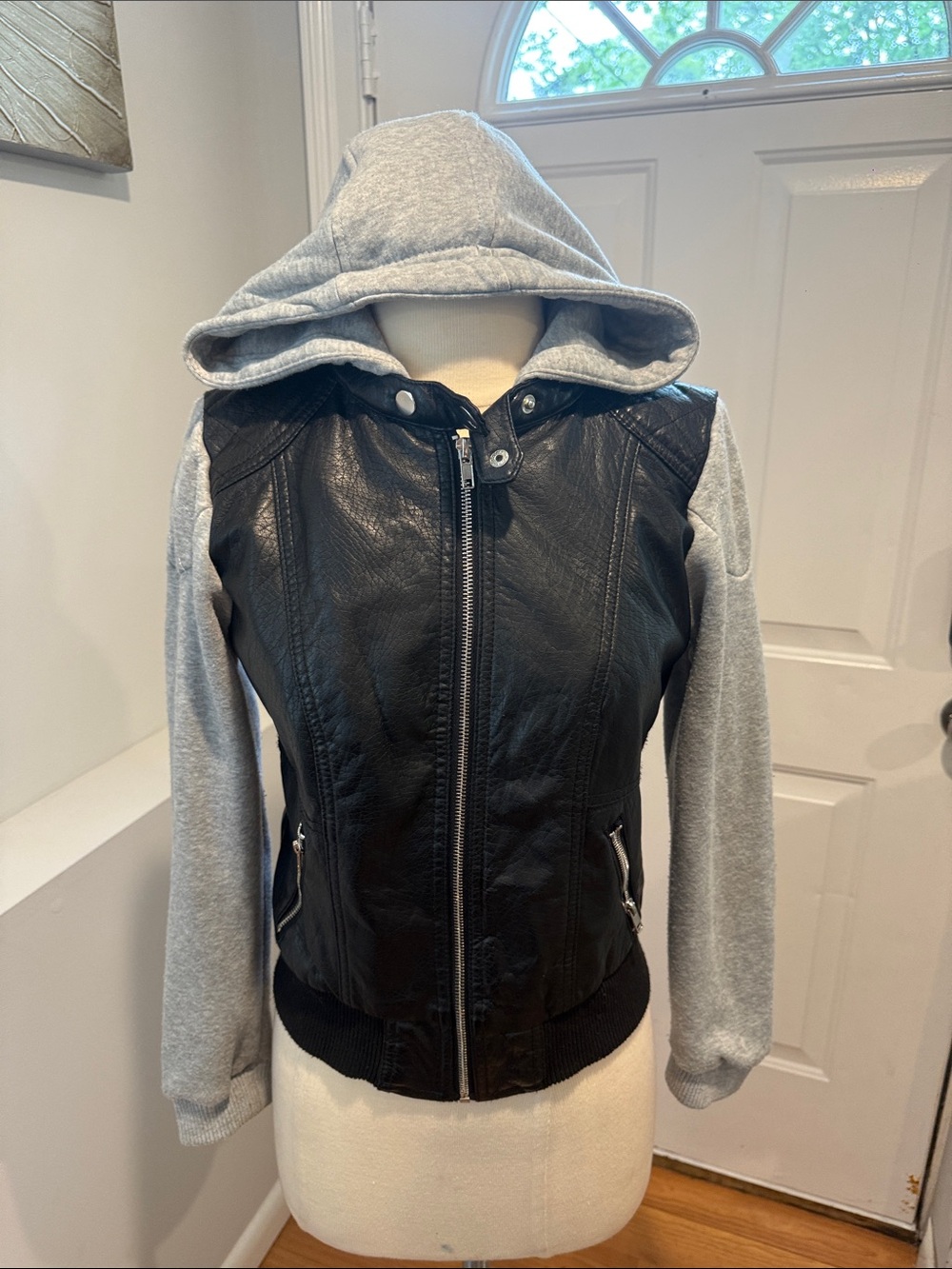 Women's Black Faux Leather Jacket with Gray Hoodie Sleeves (7)